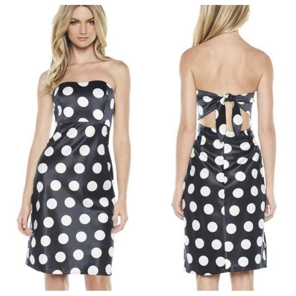 Bardot Women's Satin Polka Dot Strapless Dress Sweetheart Navy Tie Back 4/XS - Picture 1 of 6